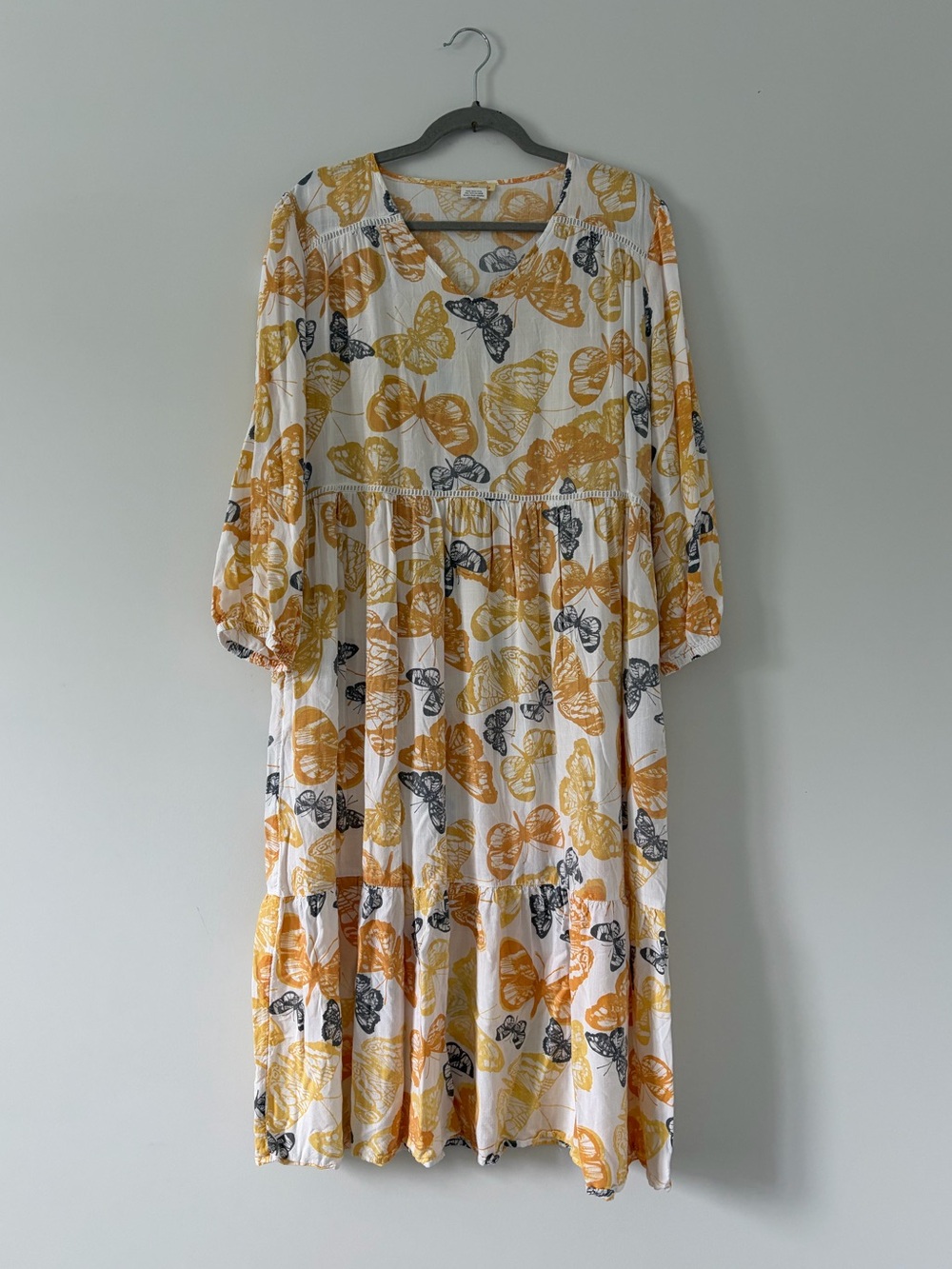 Sweet Magnolia Golden Yellow White Butterfly Long Sleeve Maxi Boho Dress Large